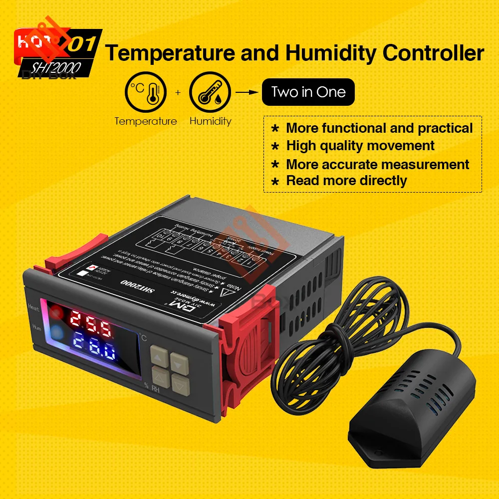 SHT2000 Thermostat Temperature Humidity Control Thermometer Hygrometer Humidista Controller AC 110V 85-230V 10A Digital Display
SHT2000 Thermostat Temperature Humidity Control Thermometer Hygrometer Humidista Controller AC 110V 85-230V 10A Digital Display