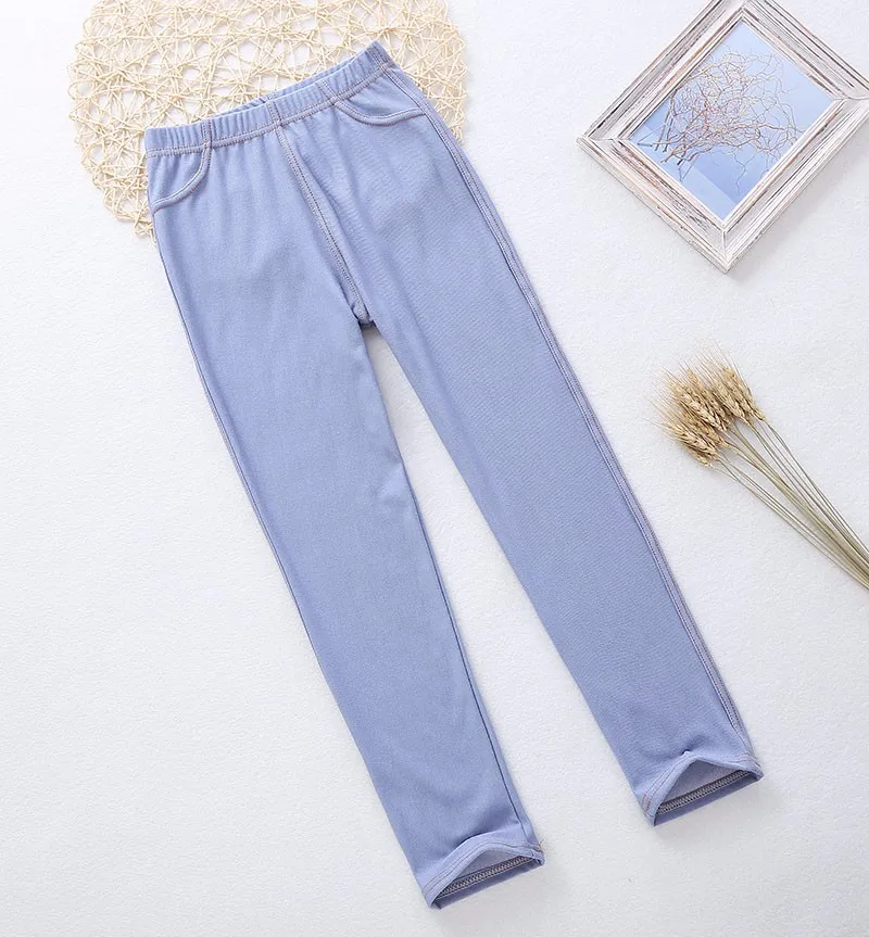 SheeCute New Spring Summer Fashion Girls Pencil knit Imitation denim fabric Jeans Kids Candy Colore Mid Waist Full Length pants 23