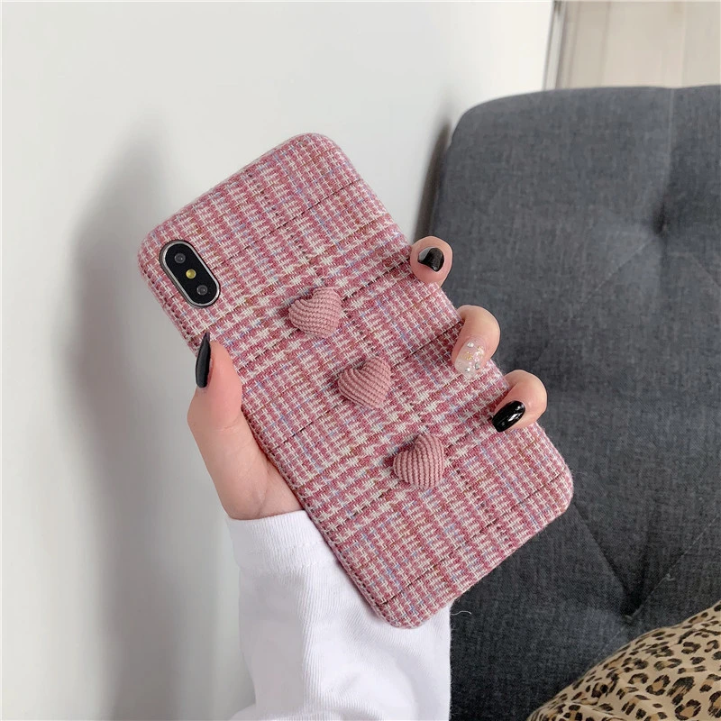 Luxury 3D plaid lovely heart cotton linen square plaid pink soft phone case for iphone 7 8 6 S plus X XR XS MAX cute girl cover
Luxury 3D plaid lovely heart cotton linen square plaid pink soft phone case for iphone 7 8 6 S plus X XR XS MAX cute girl cover