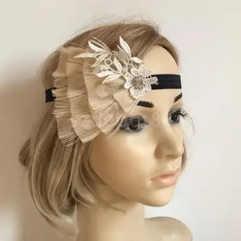 

1920s Great Gatsby Peacock Feather Lace Flower Headband Elastic Flapper Women Headpiece Fascinator Hair Accessory