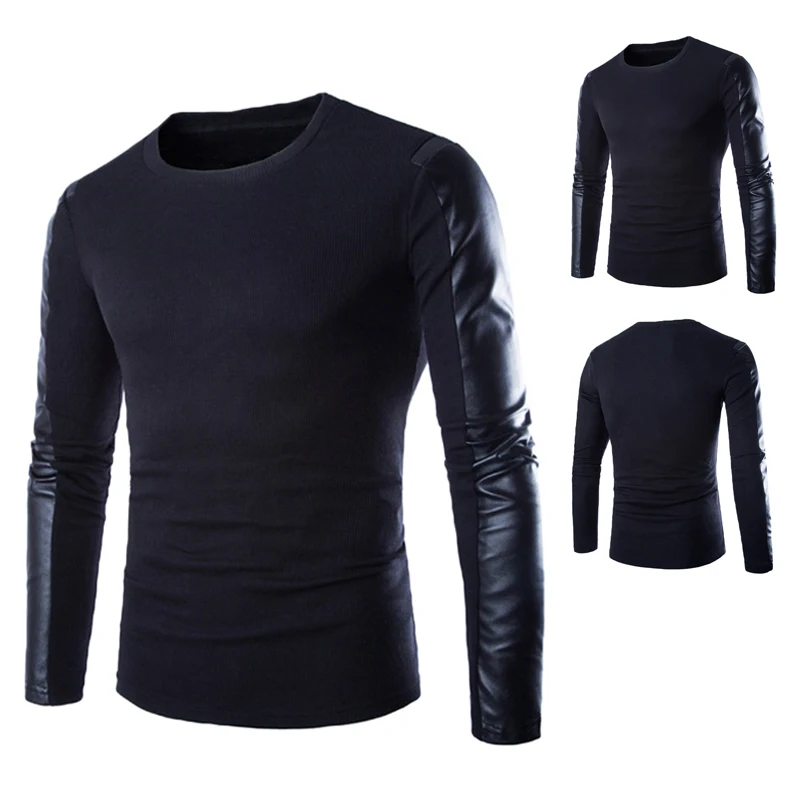 

High Quality Brands New Autumn Winter Men'S Sweater Man O-Neck Jumpers Long Sleeve PU Leather Patchwork Pullover Male Puls Size