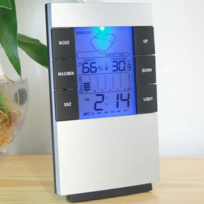 13.6*8*2cm Indoor electronic thermometer household electronic hygrometer with time backlight weather forecast alarm clock
13.6*8*2cm Indoor electronic thermometer household electronic hygrometer with time backlight weather forecast alarm clock