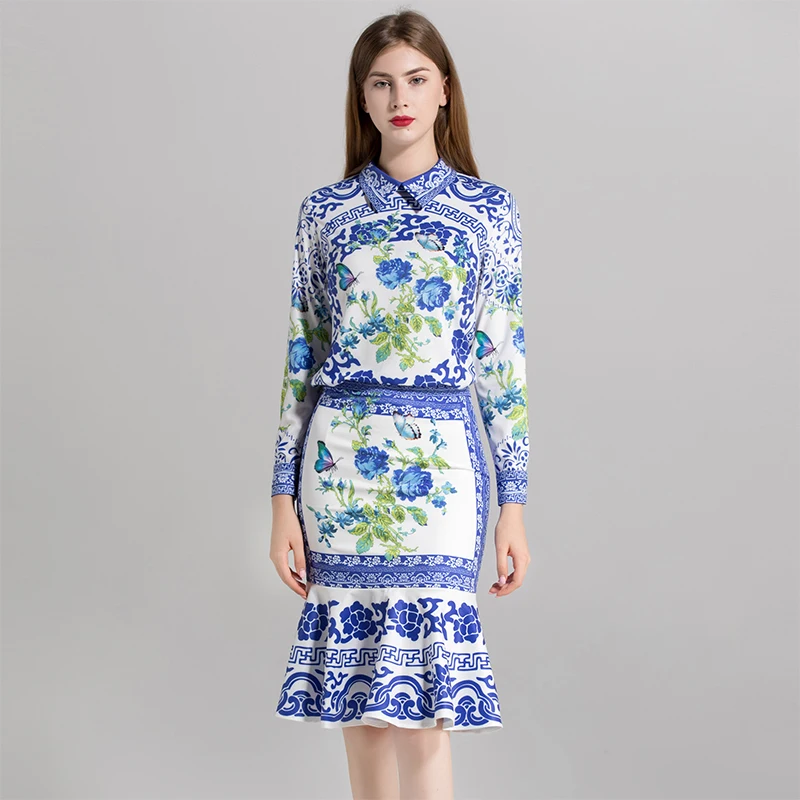 2018 Autumn Fashion Print Blue Sets Women Fashion High Quality Hot Turn-down Collar Shirts +Knee Length Mermaid Skirts Suits
2018 Autumn Fashion Print Blue Sets Women Fashion High Quality Hot Turn-down Collar Shirts +Knee Length Mermaid Skirts Suits