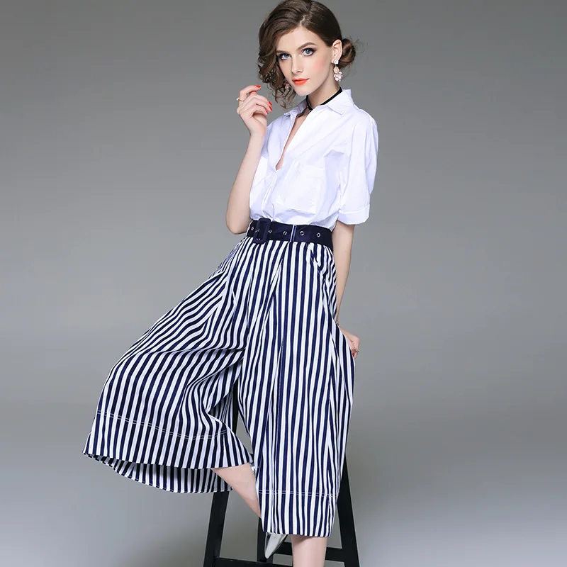 Pant Suits Women Spring Summer Casual Striped Wide Leg Pants + White V-neck Irregular Shirt Office Lady Two Piece Set
Pant Suits Women Spring Summer Casual Striped Wide Leg Pants + White V-neck Irregular Shirt Office Lady Two Piece Set