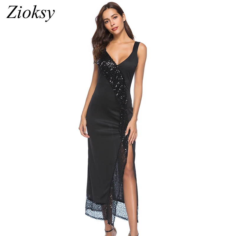 Women Fashion 2018 Summer Dress Spaghetti Strap Deep V-neck Sequins Stitching Party Dress Split Sexy Black Dress Vestidos
Women Fashion 2018 Summer Dress Spaghetti Strap Deep V-neck Sequins Stitching Party Dress Split Sexy Black Dress Vestidos