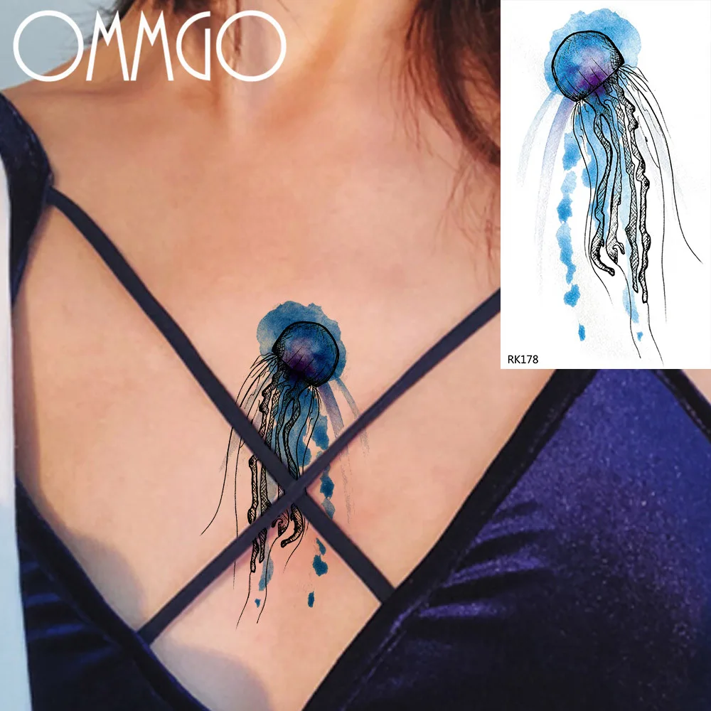 OMMGO Summer Style Watercolor Tattoo Blue Jellyfish Body Art Temporary Tattoos Paper For Women Fashion Fake Tatoo Kids Paste
OMMGO Summer Style Watercolor Tattoo Blue Jellyfish Body Art Temporary Tattoos Paper For Women Fashion Fake Tatoo Kids Paste