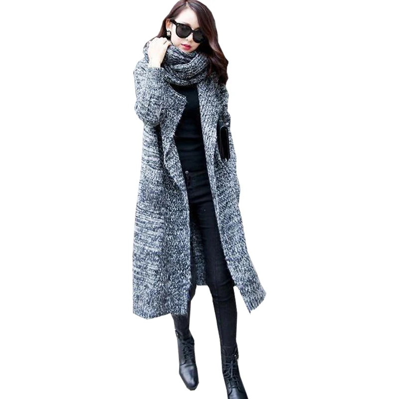 2017 New Loose Large Size Female Knitted Long Section Lapel sweater Cardigan With Scarf women's sweaters Vestidos MMY60088
2017 New Loose Large Size Female Knitted Long Section Lapel sweater Cardigan With Scarf women's sweaters Vestidos MMY60088