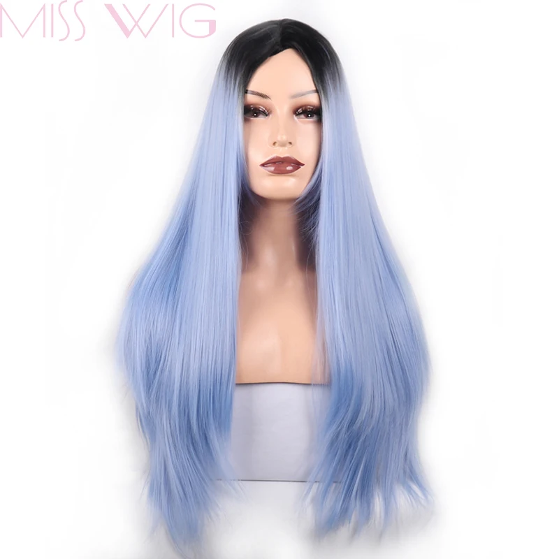 MISS WIG Ombre Blue Straight Long Synthetic Wigs For Women Black Red 24 inch 6 Colors Available Cosplay Wigs (1)