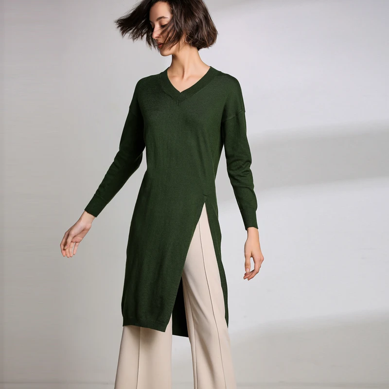 Женское трикотажное платье миди из шерсти и кашемира с V образным вырезом длинным