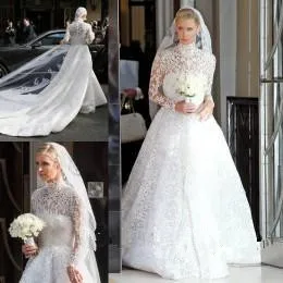 2019-nicky-hilton-white-lace-wedding-dresses-with-long-sleeves-high-neck-bridal-gowns-cathedral-winter-spring-vintage-wedding-dresses_副本