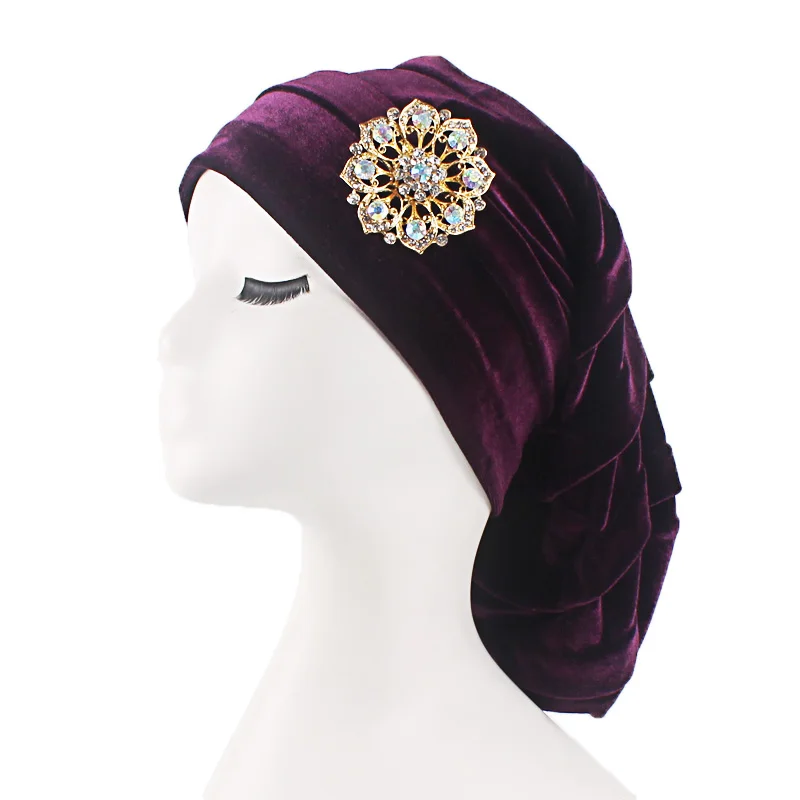 New Pleated Velvet Turban With Metal Brooch Long Women Baggy Cap Hijab Headwrap Sadoun.com
