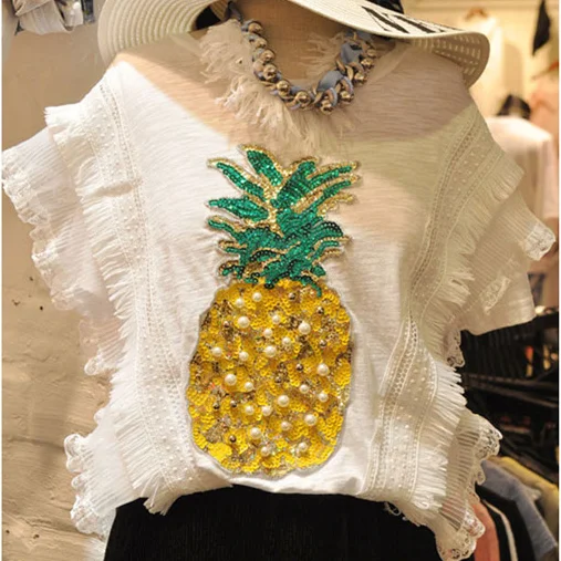 Summer Tshirt Women 2018 Korean Style Nailed Bead Bright Piece Pineapple Pattern Bamboo Cotton Short Sleeved Ruffles T-shirt Tee
Summer Tshirt Women 2018 Korean Style Nailed Bead Bright Piece Pineapple Pattern Bamboo Cotton Short Sleeved Ruffles T-shirt Tee