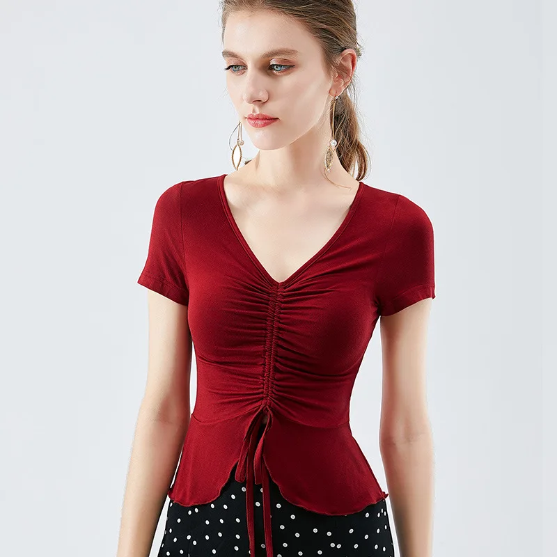 Women Tops Tees Short-sleeved t-shirt female v-neck sexy dew bones waist covered belly drawstring women's shirt sg29205
Women Tops Tees Short-sleeved t-shirt female v-neck sexy dew bones waist covered belly drawstring women's shirt sg29205