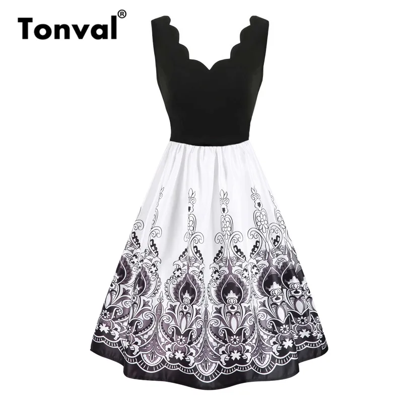 Tonval Women Dress Scallop Trim V Neck Vintage Floral Summer Dress White Contrast Sleeveless Pleated Elegant Dresses
Tonval Women Dress Scallop Trim V Neck Vintage Floral Summer Dress White Contrast Sleeveless Pleated Elegant Dresses