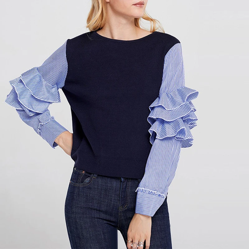 2019 Women Sweet Ruffles Striped Blue Shirts Long Sleeve Spring Patchwork Knitted Blouse Ladies European Style Fashion Tops
2019 Women Sweet Ruffles Striped Blue Shirts Long Sleeve Spring Patchwork Knitted Blouse Ladies European Style Fashion Tops