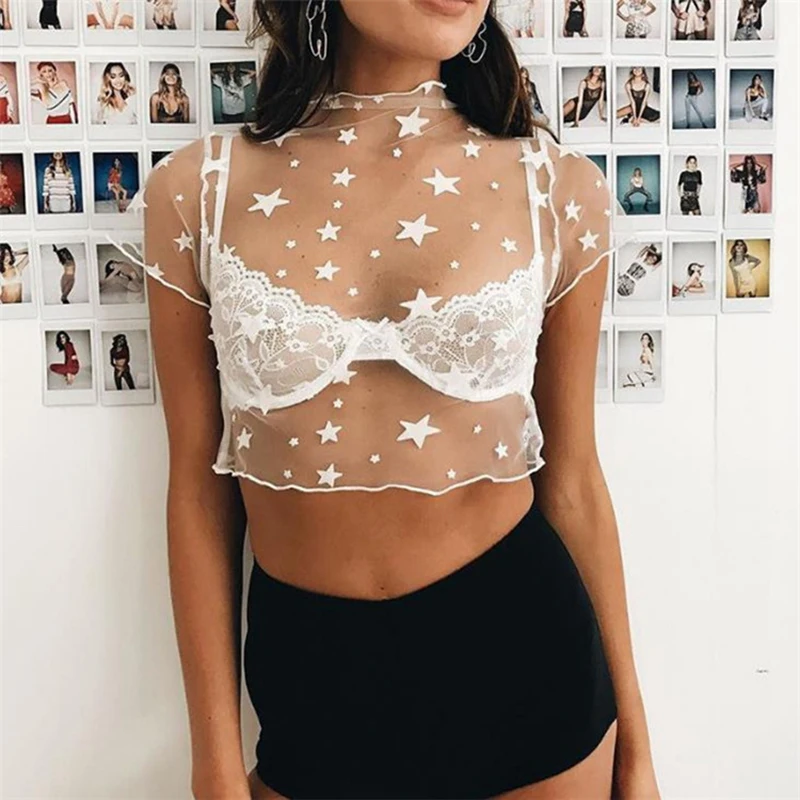 Sexy Transparent Lace Mesh Short Sleeve Tees Crop Tops Ladies Bare Midriff T-Shirts Star Embroidered Yarn Camisas Mujer 6Q1149
Sexy Transparent Lace Mesh Short Sleeve Tees Crop Tops Ladies Bare Midriff T-Shirts Star Embroidered Yarn Camisas Mujer 6Q1149