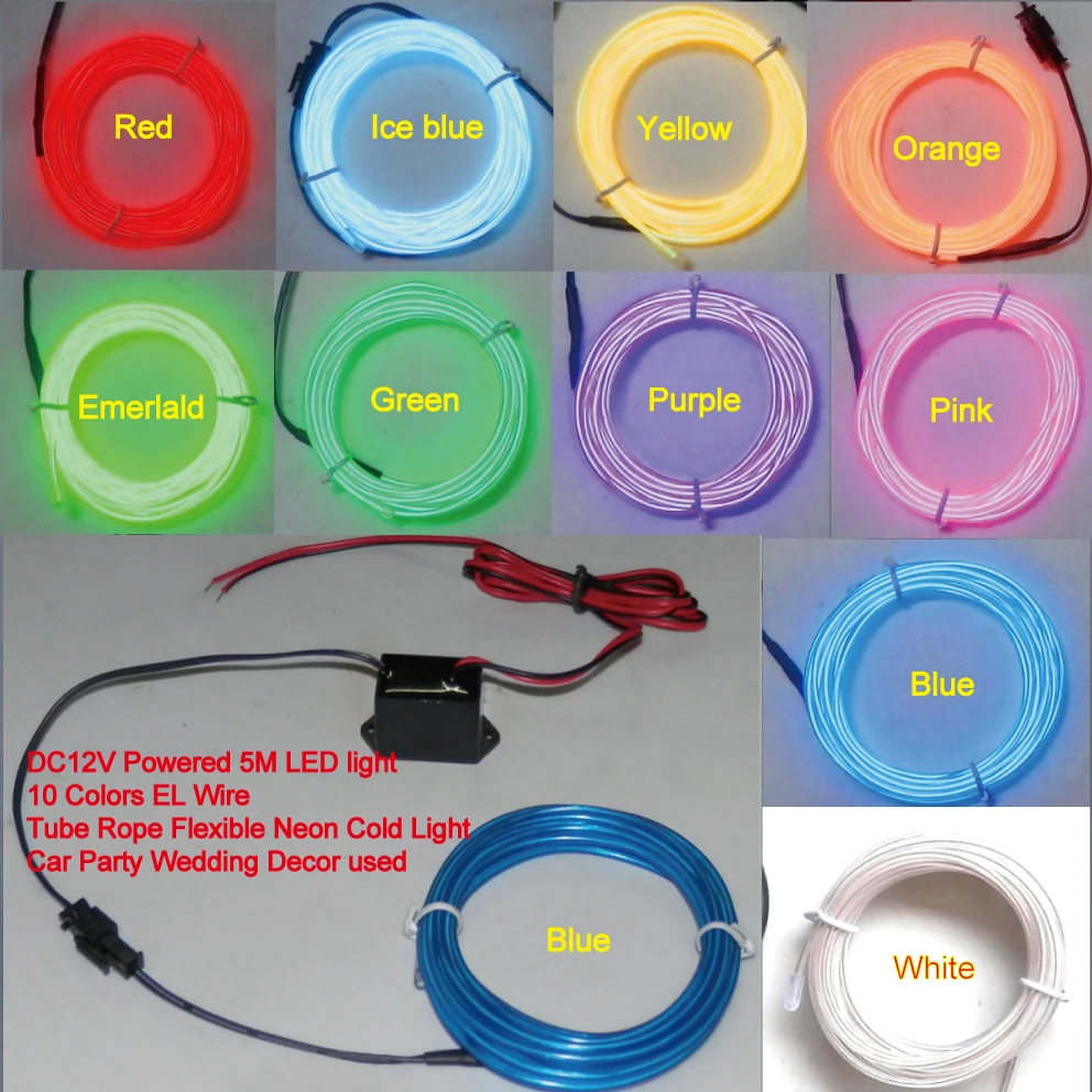 DC12V Powered 5M LED light 10 Colors Glow EL Wire Tube Rope Flexible Neon Cold Light Car Party Wedding Decor
DC12V Powered 5M LED light 10 Colors Glow EL Wire Tube Rope Flexible Neon Cold Light Car Party Wedding Decor