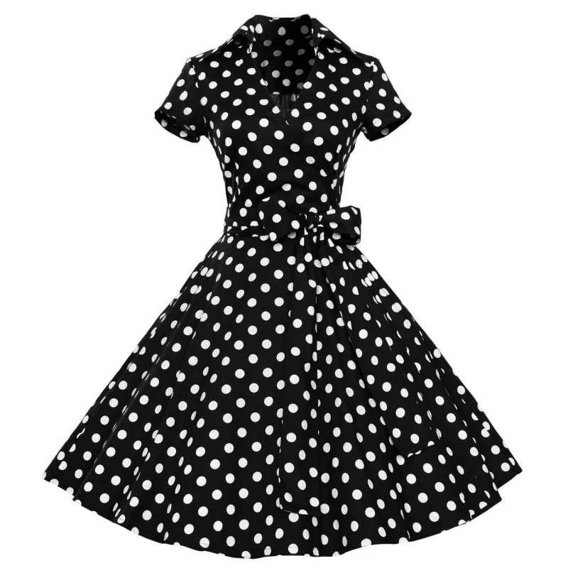 

Summer Women 1950s Retro Audrey Hepburn Style V-Neck Swing Lapel Shirt Rockabilly Pinup Dress lm75