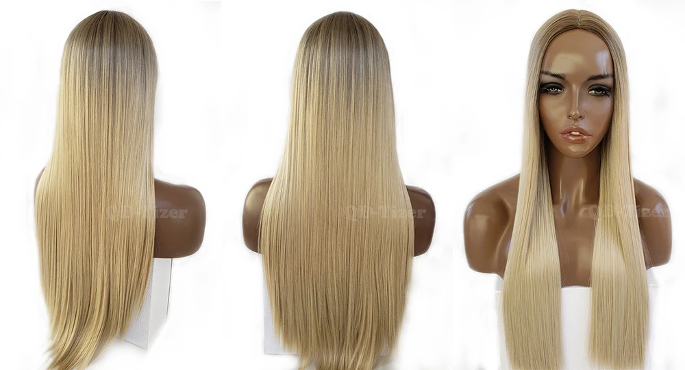 QD-TIZER Blonde Hair Long Silky Straight Ombre Blonde Color NO Lace Wig Glueless Dark Root Synthetic Wigs For Black Women 7
