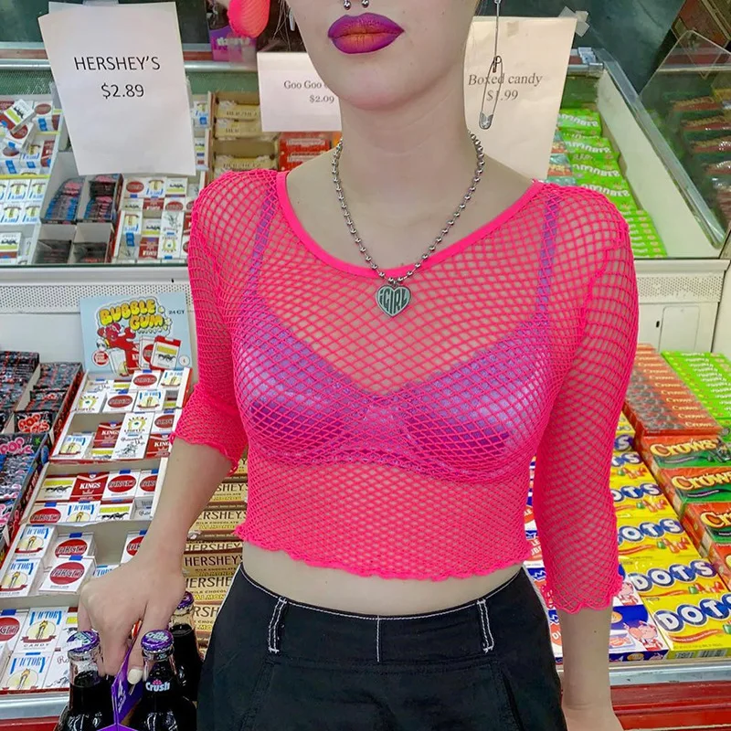 2019 Sexy Fluorescent Color Hollow Out Fishnet Grid Crop Tops Tees Women's Transparent Mesh Outfit Femme Navel Bare Crop T Shirt
2019 Sexy Fluorescent Color Hollow Out Fishnet Grid Crop Tops Tees Women's Transparent Mesh Outfit Femme Navel Bare Crop T Shirt