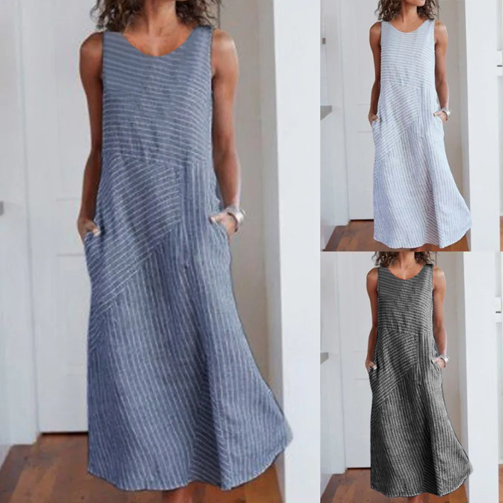 2019 Summer Women's Dresses Plus Size Casual Linen Loose Sleeveless Stripe Pocket Long Maxi Dress vestidos
2019 Summer Women's Dresses Plus Size Casual Linen Loose Sleeveless Stripe Pocket Long Maxi Dress vestidos