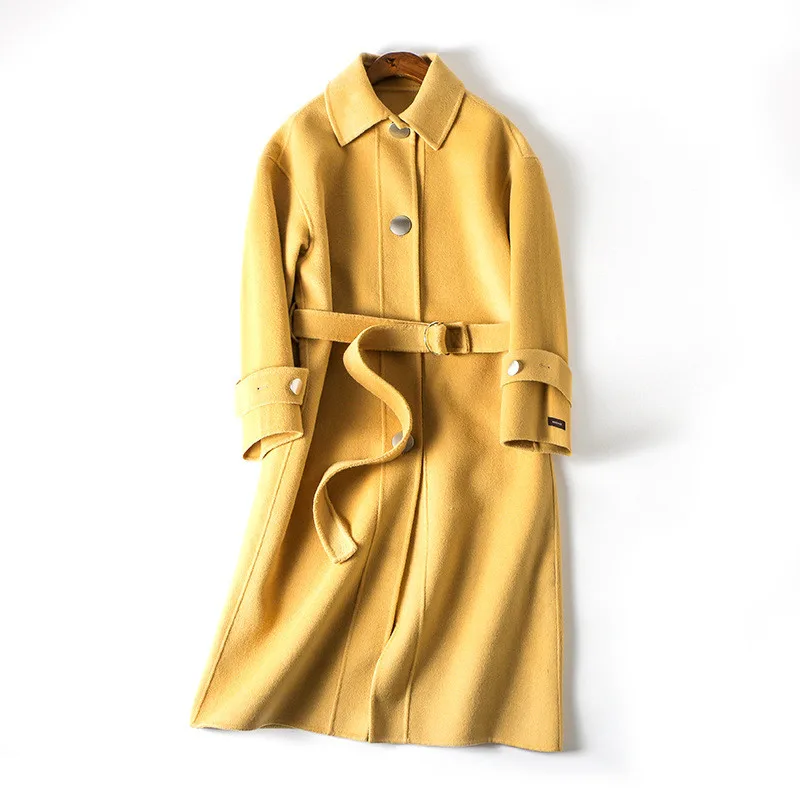 Фото Женское длинное кашемировое пальто двустороннее шерстяное с поясом модель R426 на