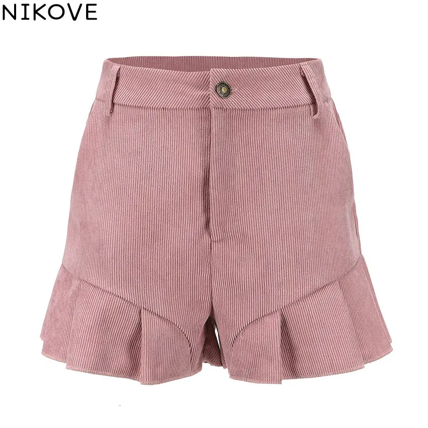 Фото Женские вельветовые брюки NIKOVE свободные с оборками и высокой талией для отдыха
