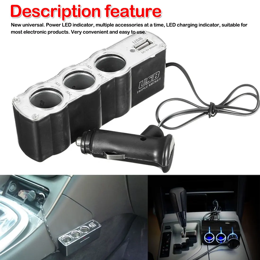 Universal DC 12V 3 Way Auto Car Cigarette Lighter Multi Socket Splitter USB Charger Power Adapter with USB Port
Universal DC 12V 3 Way Auto Car Cigarette Lighter Multi Socket Splitter USB Charger Power Adapter with USB Port