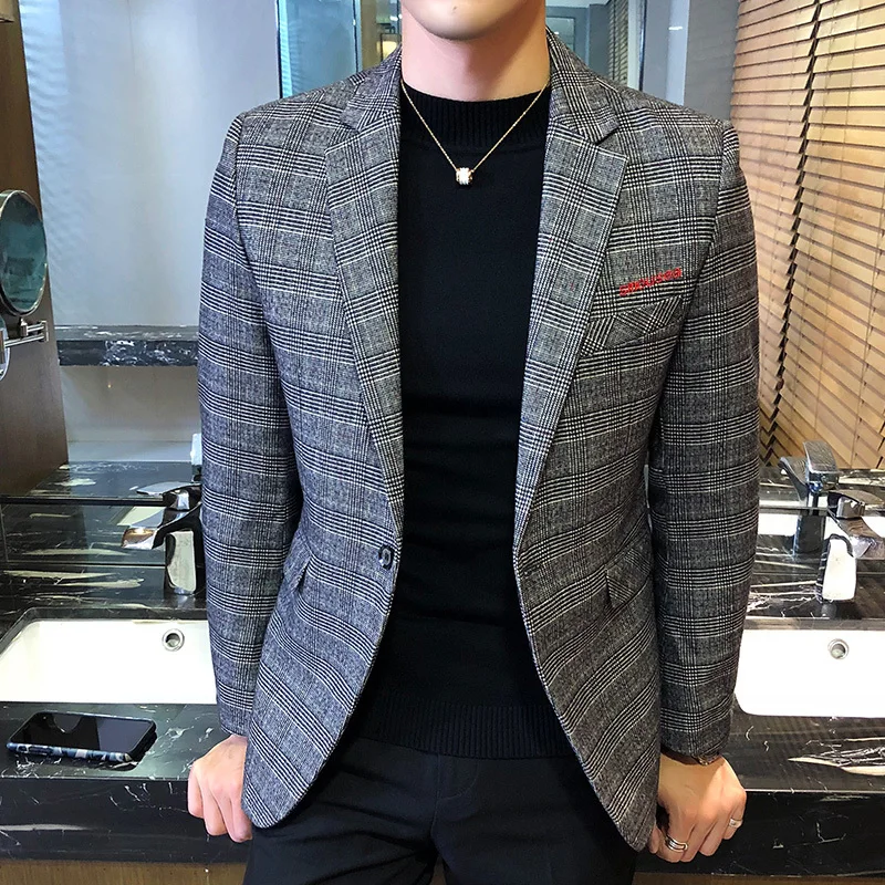 

M-5XL Autumn Mens Plaid Blazer Business Casual Men Slim Fit BlazerJacket Ropa De Hombre 2018 Blazer Masculino One Button Outfit