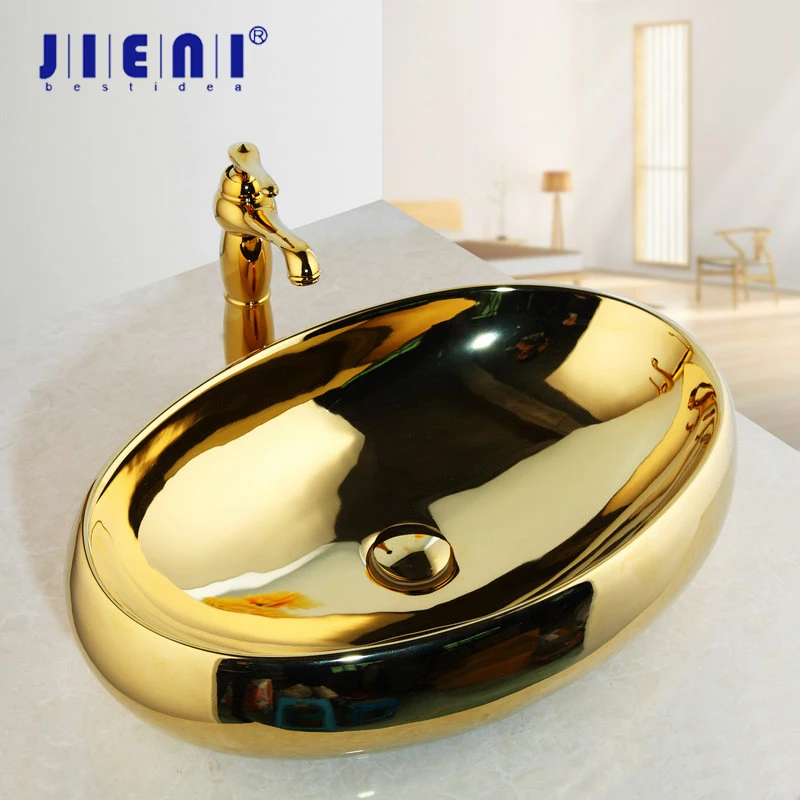 

JIENI Golden Plated Ceramic Basin Sink Solid Brass Polished Gold Faucet Tap Set Paint Bowl Sink Vessel Basins With Washbasin
