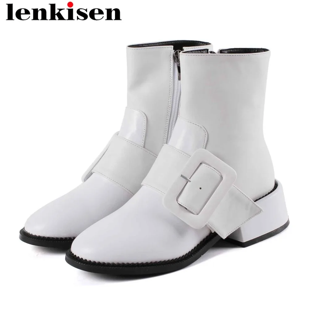 Lenkisen brand high fashion retro buckle decoration design solid cow leather round toe chunky med heels zipper ankle boots L3
Lenkisen brand high fashion retro buckle decoration design solid cow leather round toe chunky med heels zipper ankle boots L3