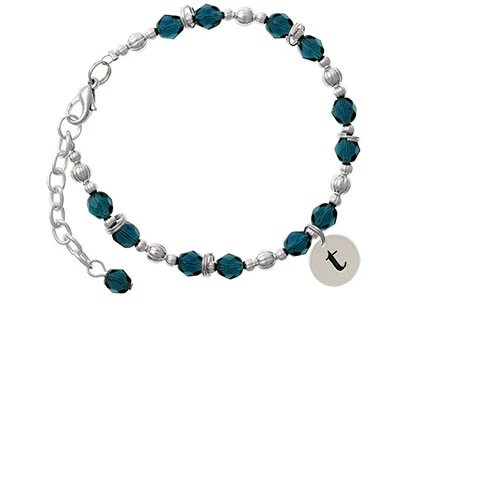 Silvertone Disc 1/2'' Initial - t - Navy Blue Beaded Bracelet