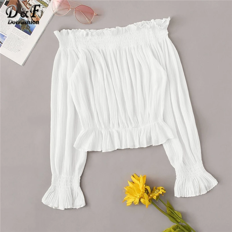 

Dotfashion White Shirred Off The Shoulder Blouse Women Summer 2019 Long Sleeve Ladies Tops Spring Peplum Womens Tops And Blouses