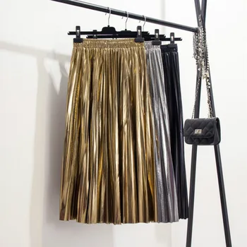 2020 Autumn High Waist Metallic Gold Skirts Women Fashion Shiny Bling Metallic Silver Skirts Lady A-line Gold pleated Skirt
2020 Autumn High Waist Metallic Gold Skirts Women Fashion Shiny Bling Metallic Silver Skirts Lady A-line Gold pleated Skirt