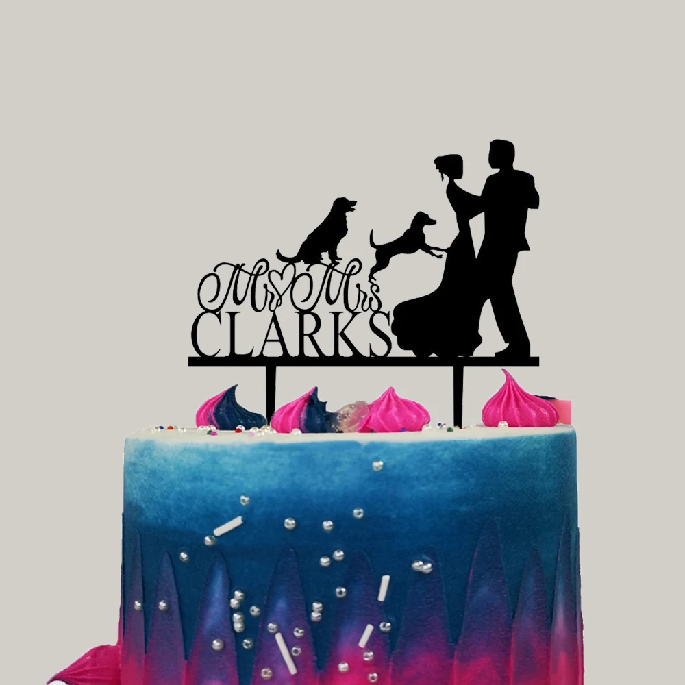 На заказ Mr & Mrs фамилия свадебный торт Топпер с двумя собаками невеста и жених