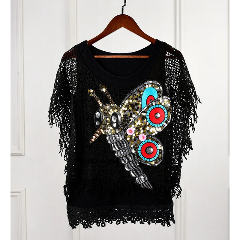 HIGH STREET Designer Stylish Blouse Tops Women's dragonfly Sequined Beaded Lace |