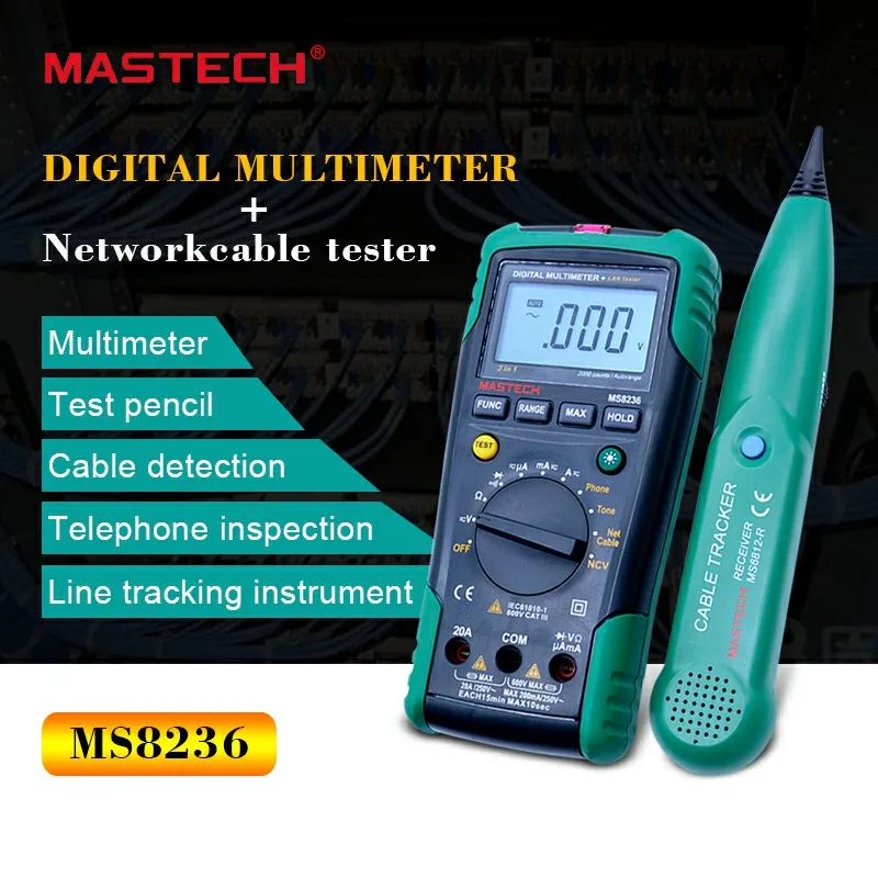 MASTECH MS8236 Digital Multimeter Netwoek Cable Tester Net Cable Tracker Tone Telephone line Check Non-contact Voltage Detect
MASTECH MS8236 Digital Multimeter Netwoek Cable Tester Net Cable Tracker Tone Telephone line Check Non-contact Voltage Detect