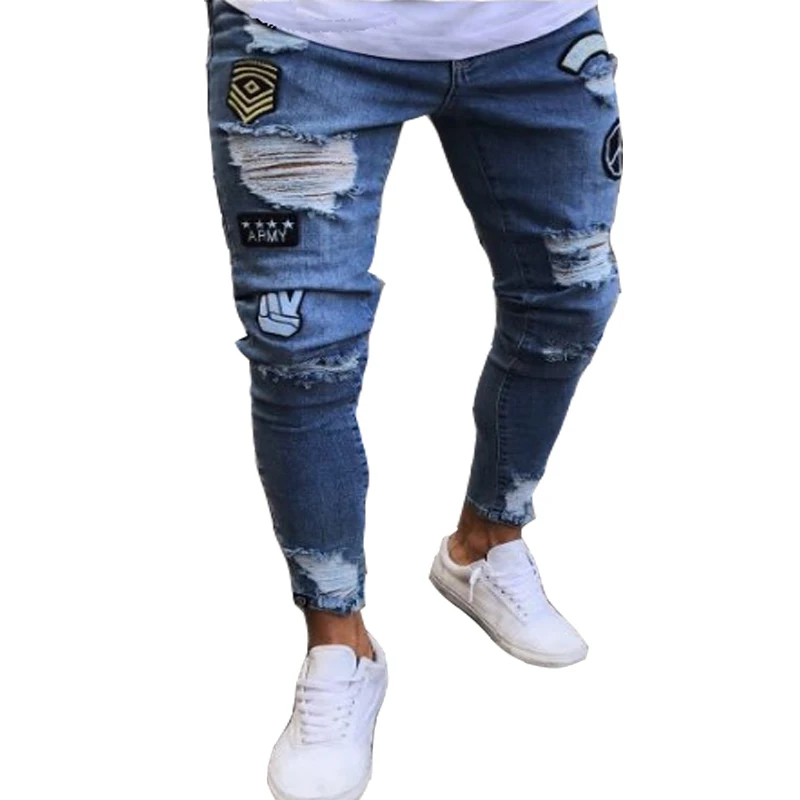 Мужские потертые джинсы QoolXCWear рваные с значком облегающие байкерские в стиле хип