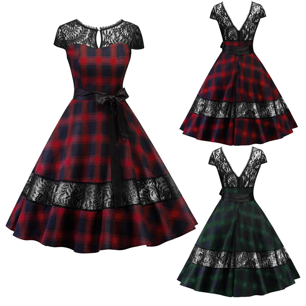 Fashion vestido Women Vintage Plaid Printing Sleeve Casual Evening Party Prom Swing Dress sexy dress Backless Lace Stitching
Fashion vestido Women Vintage Plaid Printing Sleeve Casual Evening Party Prom Swing Dress sexy dress Backless Lace Stitching