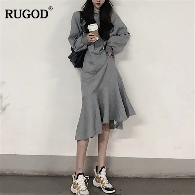 RUGOD/модное повседневное женское платье с длинным рукавом и капюшоном однотонное