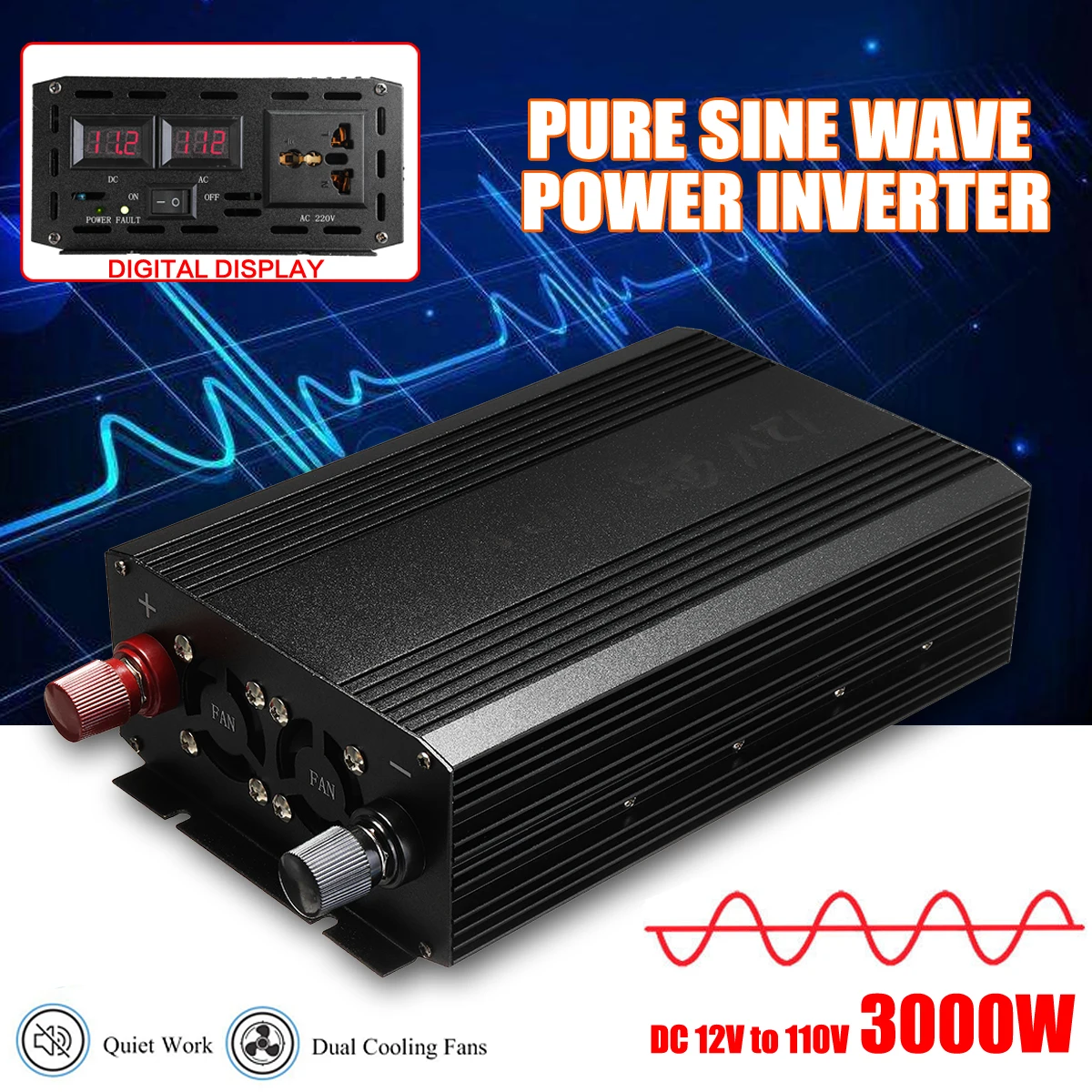 3000W Pure Sine Wave Solar Power Inverter DC 12V to AC 110V Digital Display for Home Electric Drill Power Inverter Supply
3000W Pure Sine Wave Solar Power Inverter DC 12V to AC 110V Digital Display for Home Electric Drill Power Inverter Supply