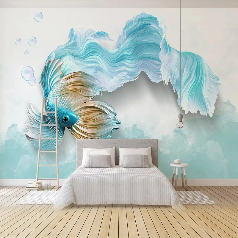 Современные 3D обои с абстрактным голубым павлином рыбками для гостиной ТВ дивана