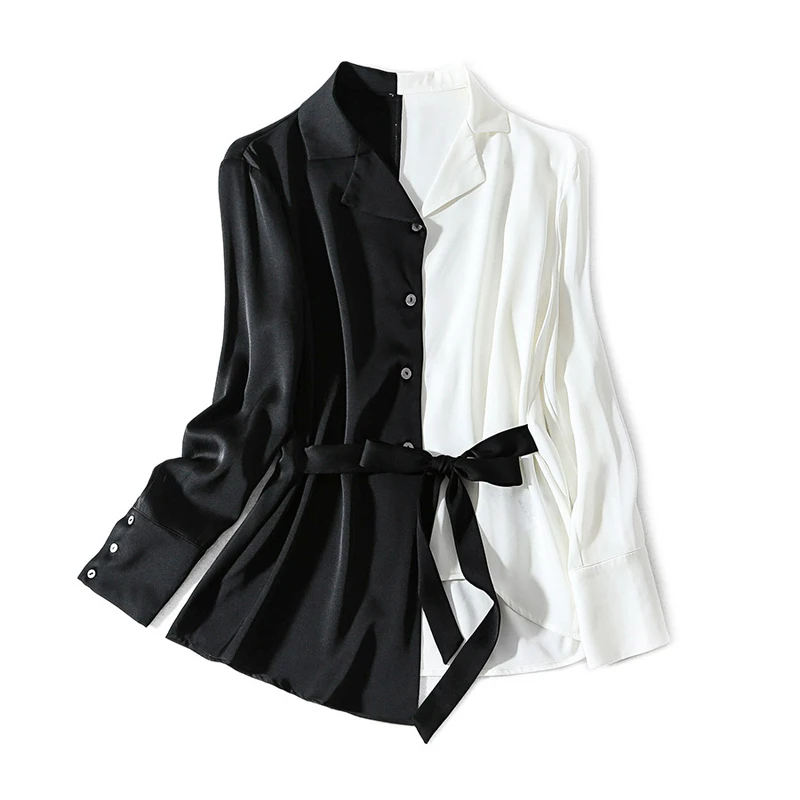 PERHAPS U women satin white black patchwork asymmetrical notched collar shirt sash long sleeve high street B0228
PERHAPS U women satin white black patchwork asymmetrical notched collar shirt sash long sleeve high street B0228