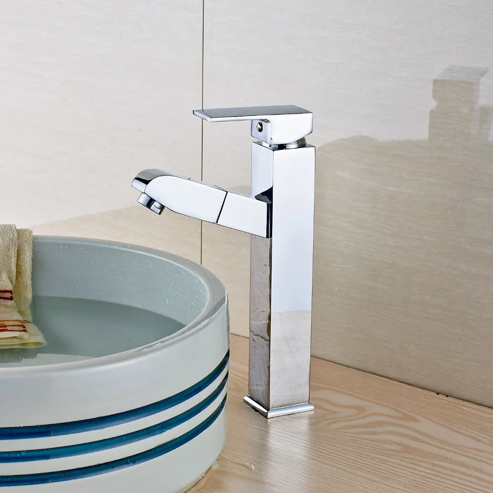 Freeshipping Pull Out Sprayer Basin Sink Faucet Chrome Finish Mixer Faucet Deck Mount