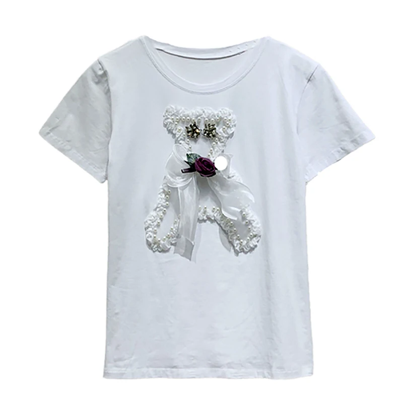 Женская футболка с коротким рукавом Harajuku белая бисером и медведем Повседневная в