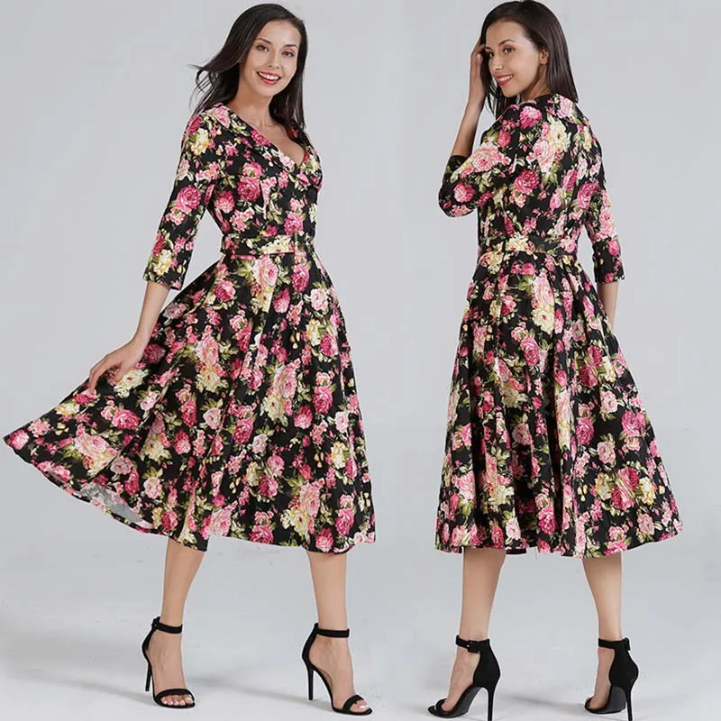 2018 New Woman Long Dress England Rose Floral Vestidos Autumn winter Sexy V-neck Three Quarter Sleeve belt Ladies Pleated Dress
2018 New Woman Long Dress England Rose Floral Vestidos Autumn winter Sexy V-neck Three Quarter Sleeve belt Ladies Pleated Dress