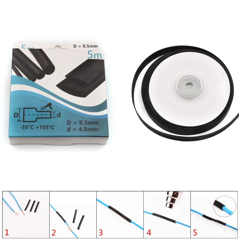 Black 5M x 9.5mm Polyolefin 2:1 Electrical Wrap Wire Cable Shrinkable Sleeve Insulation Heat Shrink Tube Kit with Carton Box
Black 5M x 9.5mm Polyolefin 2:1 Electrical Wrap Wire Cable Shrinkable Sleeve Insulation Heat Shrink Tube Kit with Carton Box