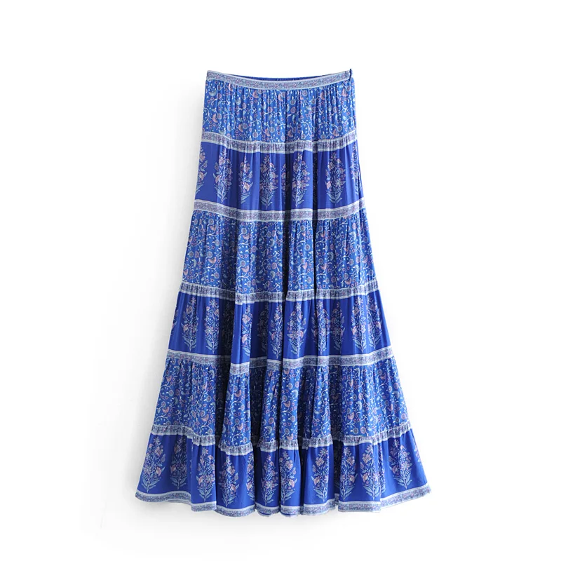 Фото Богемный Стиль юбка синяя в полоску шить плиссированные Длинная Цветочный принт