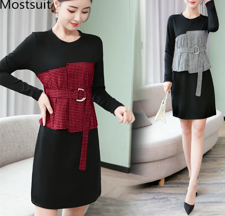 Fake Two Pieces Plaid Dress With Belt Women Plus Size Spring Autumn Long Sleeve O-neck Mini Dresses Vestidos Mujer Red Black
Fake Two Pieces Plaid Dress With Belt Women Plus Size Spring Autumn Long Sleeve O-neck Mini Dresses Vestidos Mujer Red Black