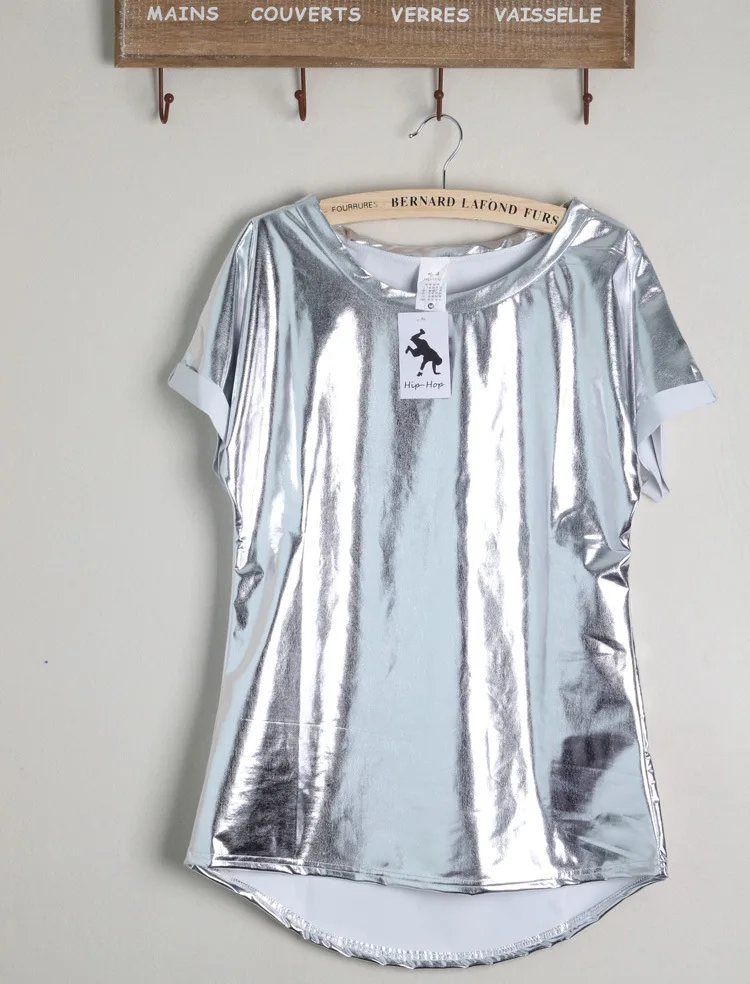 

New Punk Women Shiny Silver Short Sleeved T-shirt Personalized Loose Tee tops